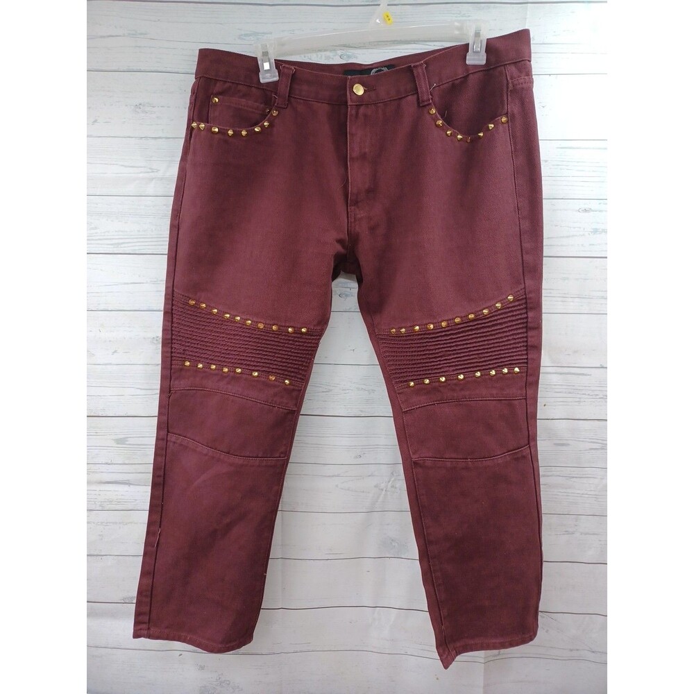 New York Premiun Label Mens Denim Jeans Studded Burgundy Red Sz 40x27